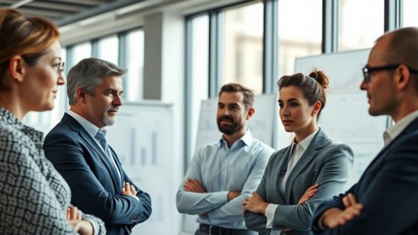 Business professionals discuss solution selling strategies.