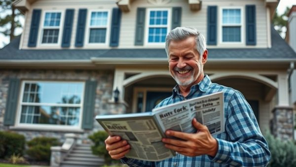 Man reading Airbnb data on tablet in front of house.