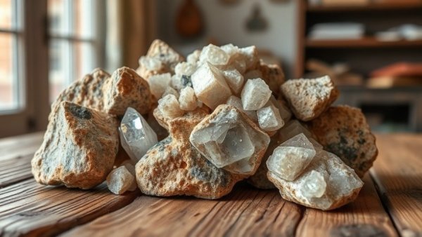 Raw mineral rocks on rustic surface for Wyoming mineral rights buyers.