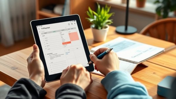 Digital planner on a tablet and notes in a work setting