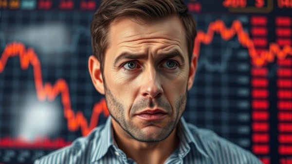 Worried man in front of declining stock chart, K-Shaped Economy concept.
