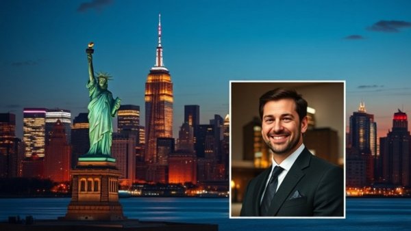 New York skyline with Statue of Liberty at dusk, inset of a smiling man.