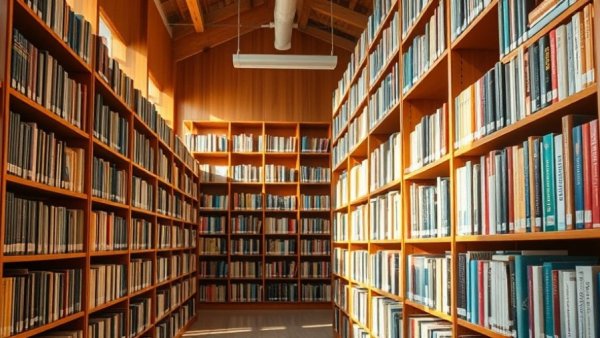 Vibrant library bookshelves under warm sunlight, showcasing book diversity.