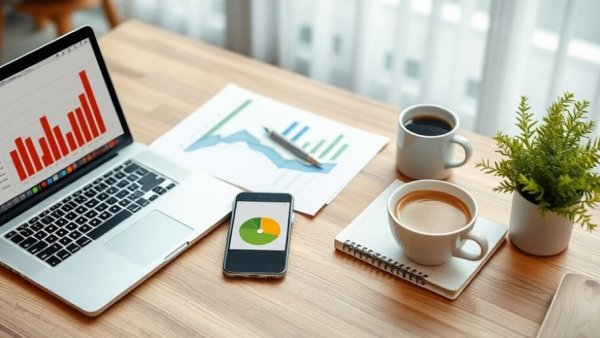 Workspace setup with laptop showing product line definition, charts, and notes.