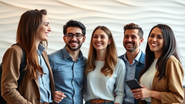 Young professionals smiling confidently, showcasing communication skills with Yoodli AI Communication Training.