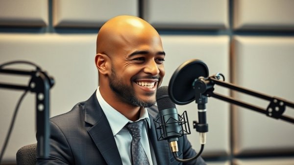 Podcast host in modern studio with professional microphones, discussing real estate podcasts.