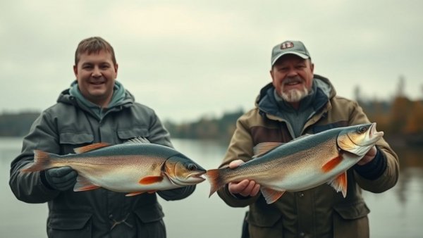 Two men showcasing their catch by a lakeside, promoting the Alaskan fishing experience.