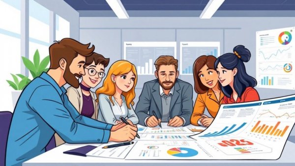 Team discussing B2B customer journey map in modern office with charts.