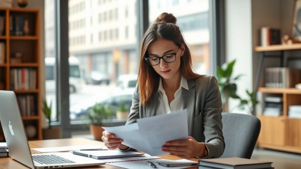 Focused businesswoman reviewing documents for a personal background check.