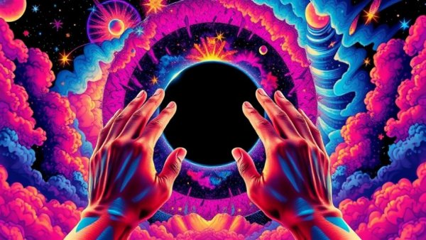 Vibrant illustration with hands and cosmic elements, symbolizing Fal funding and valuation.