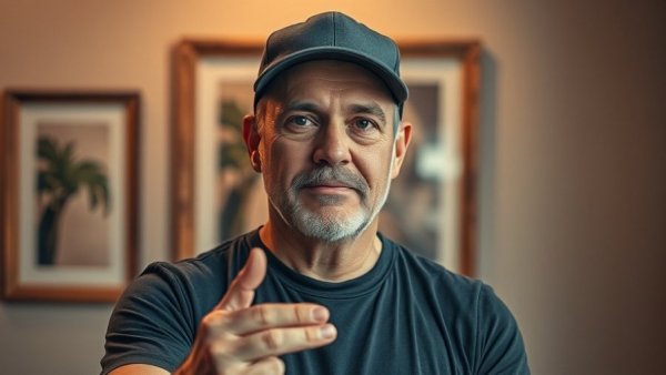 Middle-aged man presenting promotional e-commerce text.