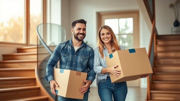 Smiling couple carrying boxes on moving day in new home.