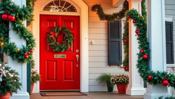 Festively decorated porch with red door for buy now in real estate.