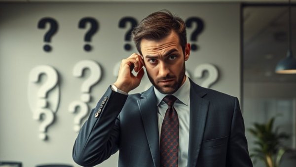 Confused man in office with question marks pondering Klaviyo email agency.