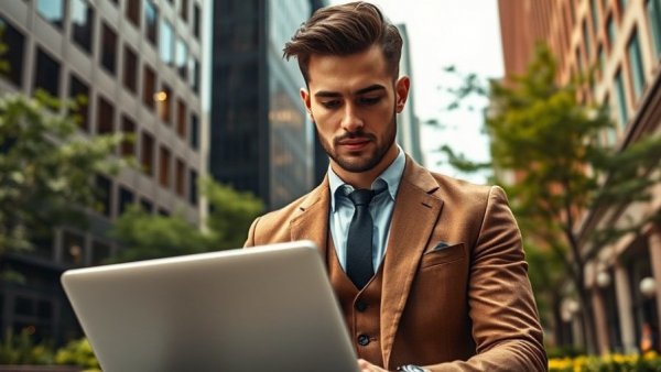 Young man working on laptop in urban setting, Gen Z co-buying concept.