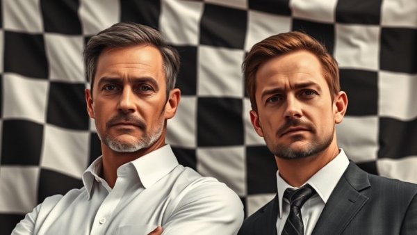 Analytics and accountability in real estate performance, two professional men against checkered backdrop.