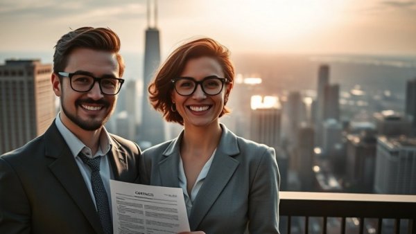 Zillow MRED Chicago MLS Conflict: Professionals with Chicago skyline and contract.