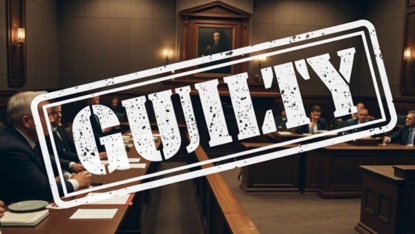 Courtroom scene marked 'GUILTY'; trial moment.