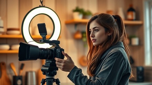 Creating YouTube Thumbnails: Woman filming in kitchen with ring light.