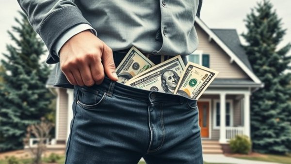 Real estate commission structure concept with empty pocket in front of house.