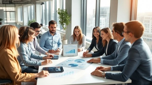 Professionals discussing AI chatbots in social media in modern office.