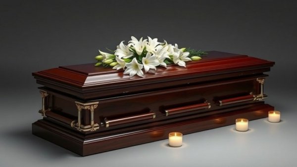 Polished wooden casket with lilies and candles, market a funeral home with dignity.
