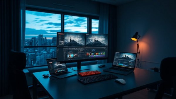 Modern video editing setup for small businesses in dim room.