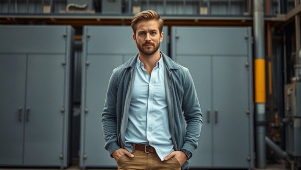 Confident man in industrial setting representing automotive robotics transformation.