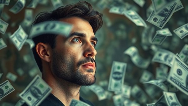 Man thinking about bank term funding program amid flying dollar bills.