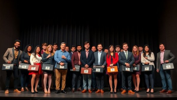 Diverse group posing on stage with numbered briefcases, celebrity engagement quizzes.