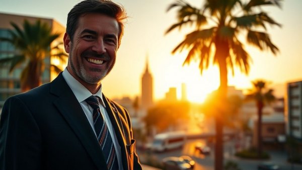 Confident man in front of a cityscape at sunrise, highlighting John Aaroe legacy in real estate.