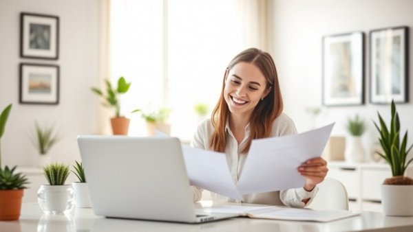 Young woman reviewing documents on how to start a sole proprietorship in a modern home office.