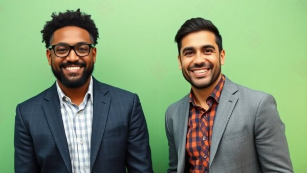 Confident businessmen in front of a geometric green background.