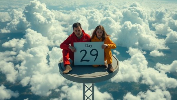 Two people on sky platform holding 'Day 29' sign for 30 Days Trapped In The Sky Challenge.