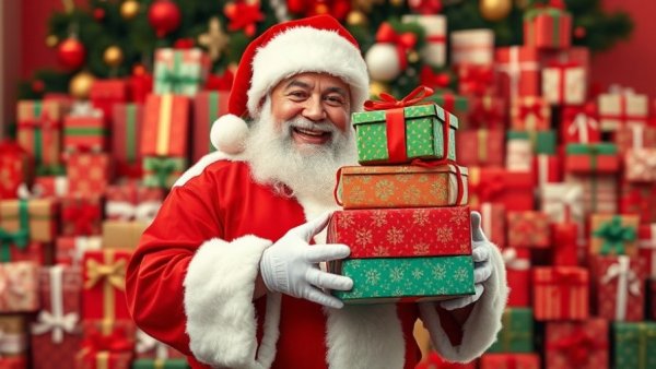 MrBeast $1 Million Giveaway festive scene with colorful gifts and Santa costume.