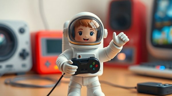 Toy astronaut holding game controller on retro console, soft focus.