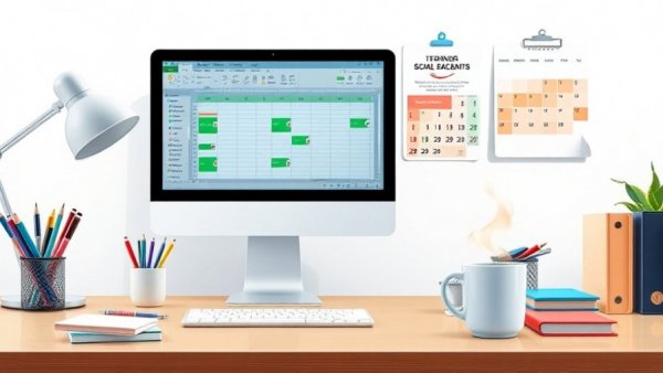 Illustrated office desk with computer and Excel content calendar