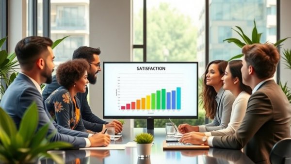 Business professionals discussing 'How Satisfied Are You Scale' in meeting.