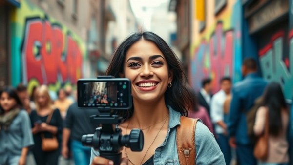 Young influencer smiling, filming in urban setting for TikTok Influencer Rates 2026.