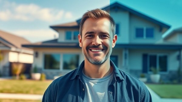 Invest in real estate in 2026, confident man in front of a modern house.