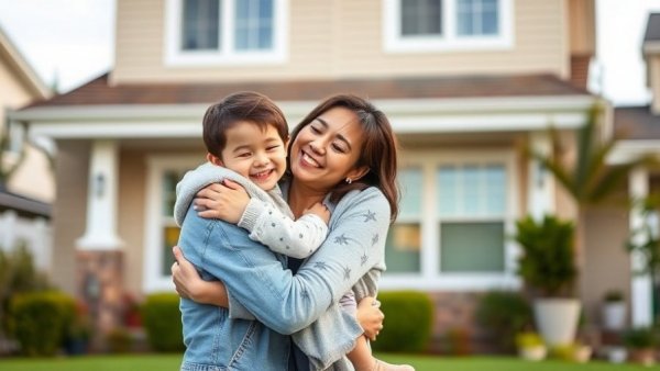 Joyful woman and child hugging in front of house, symbolizing Fannie Mae Freddie Mac housing goals.