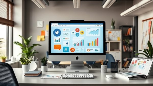 Office workspace showing social media content plan template with charts.