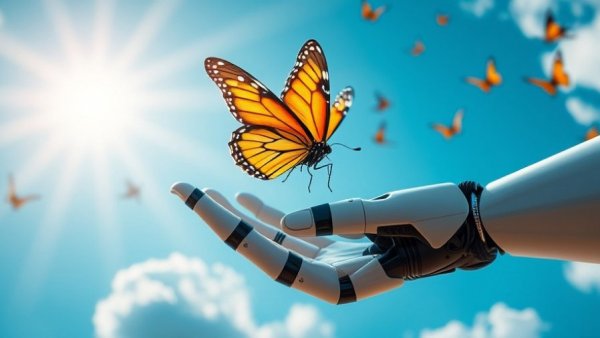 Robotic hand with butterfly, symbolizing tech-nature harmony at Google cybersecurity center in Málaga.