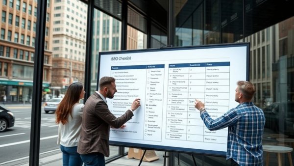 Team refining SEO checklist during website redesign, urban setting.
