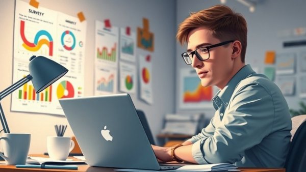 Illustration of person creating surveys at desk with charts and notes.