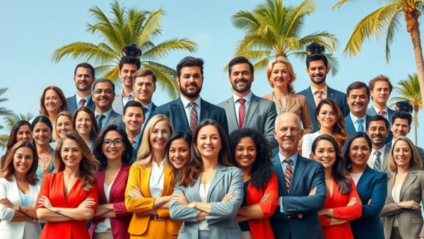 Vibrant real estate reality TV 2026 collage with professionals posing confidently.