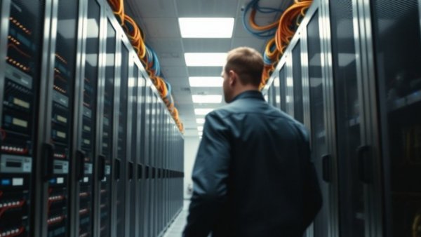 Data center scene with moving person preventing data center leaks.