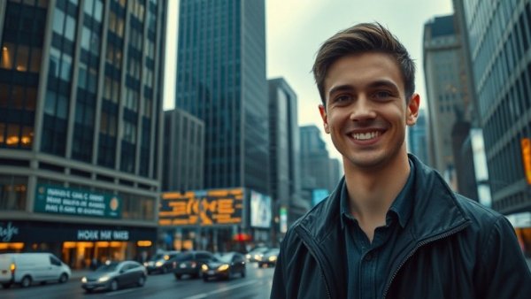 Urban cityscape with street view and confident man inset, relating to reputation in real estate.