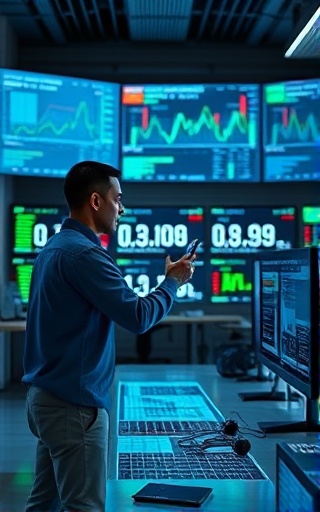 advanced investment tools, decisive action, implementing strategies, photorealistic, high-tech lab with multiple displays and AI-driven analytics, highly detailed, data streams and holograms, extreme clarity, silver tones, low key lighting, shot with a 16mm lens.