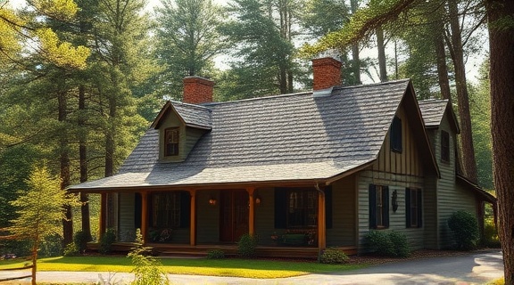 charming real property, inviting, illustrating a cozy countryside cottage, photorealistic, lush forest surroundings, highly detailed, smoke gently wafting from the chimney, 16k resolution, earth tones, dappled sunlight lighting, shot with a 35mm lens.